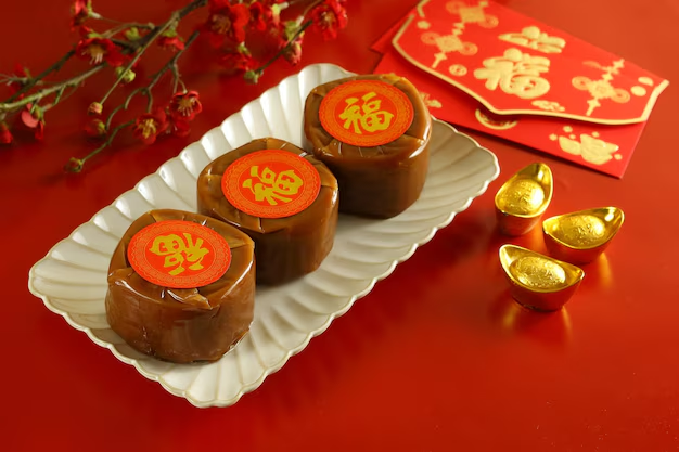 Chinese New Year nian gao cakes decorated with 福 characters, displayed with gold ingots and red packets.